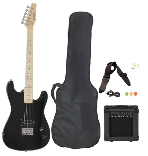 black electric guitar with amp and bag